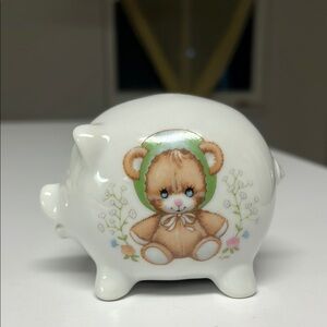VTG Enesco White Porcelain Piggy Bank with Teddy Bear Design